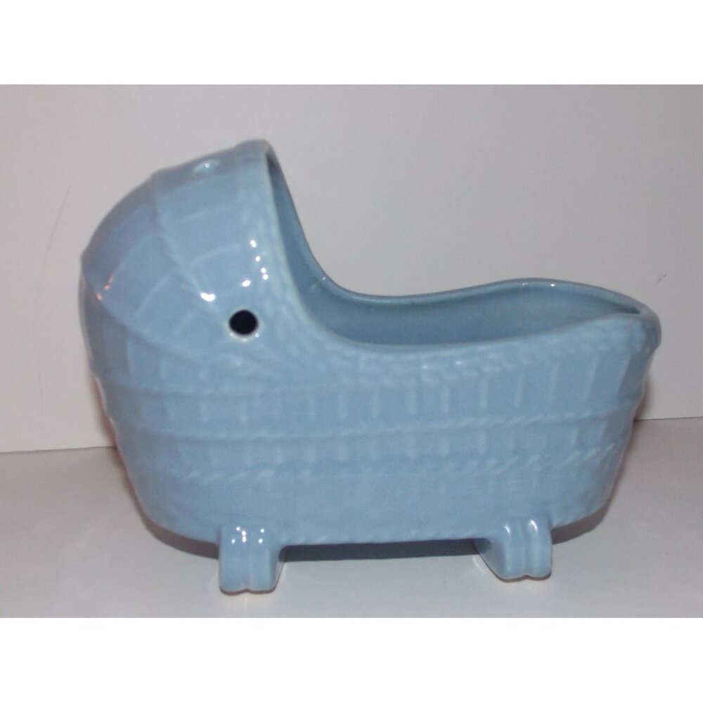 McCoy Pottery Blue Cradle Planter 8in Rocking Crib Vintage Flower Dish Ceramic